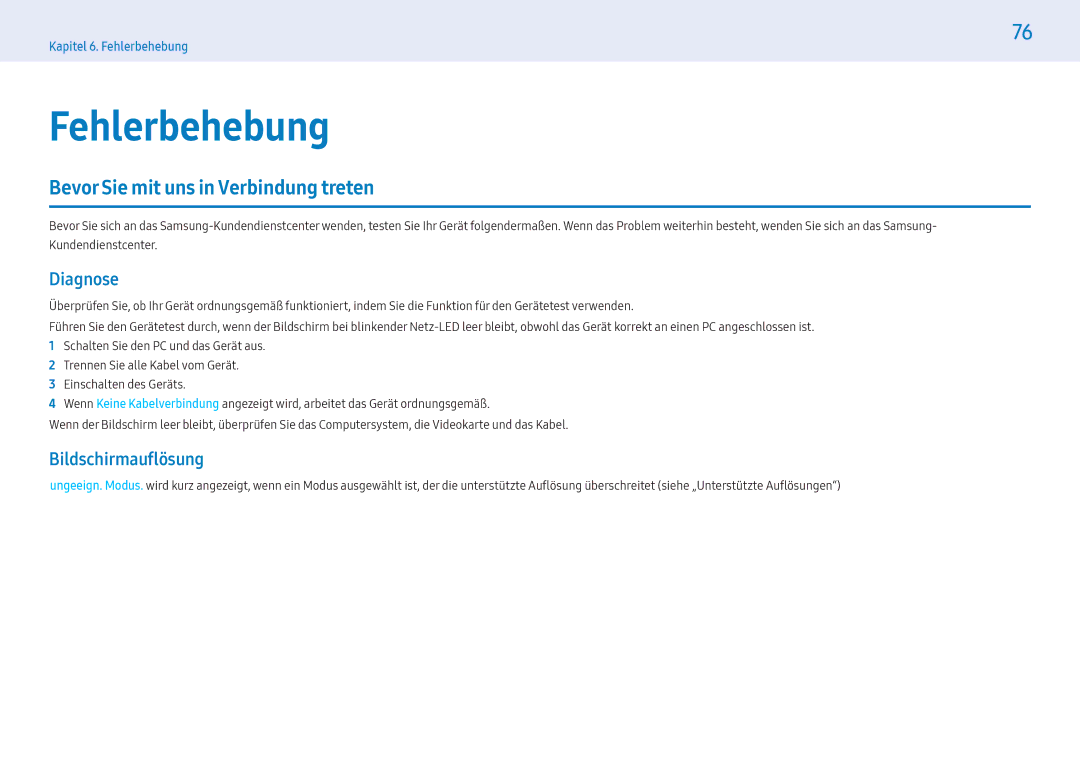 Samsung LH55PMFXTBC/EN manual Fehlerbehebung, Bevor Sie mit uns in Verbindung treten, Diagnose, Bildschirmauflösung 