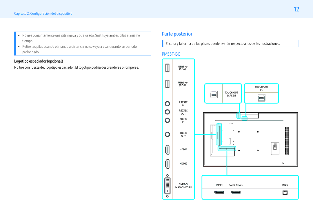 Samsung LH43PMFXTBC/EN, LH55PMFXTBC/EN, LH32PMFXTBC/EN manual Parte posterior, Logotipo espaciador opcional, Tiempo 