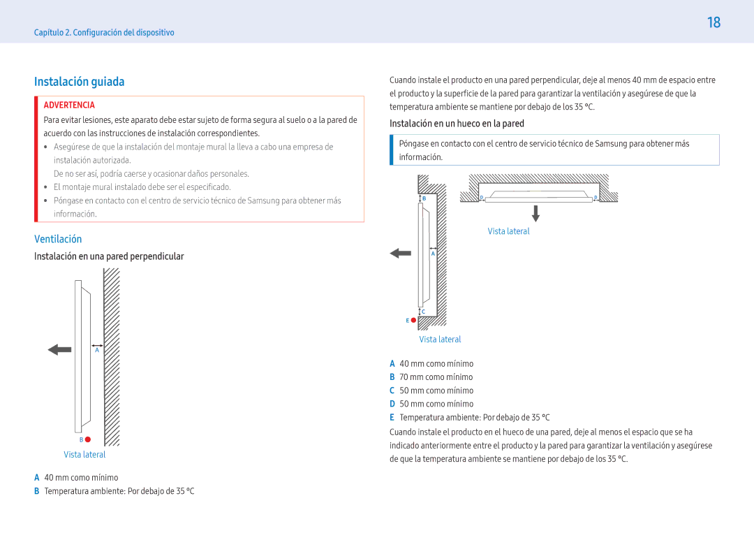 Samsung LH43PMFXTBC/EN, LH55PMFXTBC/EN manual Instalación guiada, Ventilación, Instalación en una pared perpendicular 