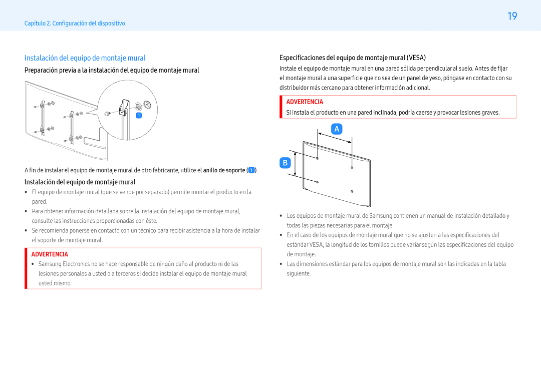 Samsung LH55PMFXTBC/EN manual Instalación del equipo de montaje mural, Especificacones del equipo de montaje mural Vesa 
