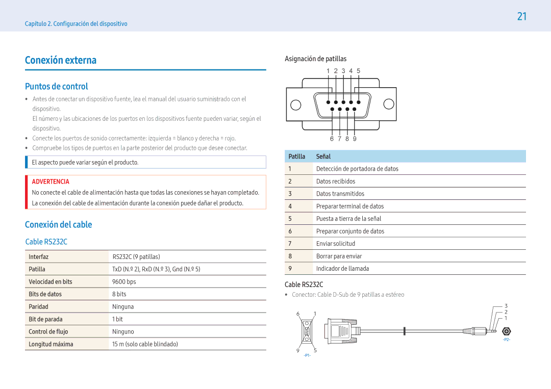 Samsung LH43PMFXTBC/EN manual Conexión externa, Puntos de control, Asignación de patillas, Cable RS232C, Patilla Señal 