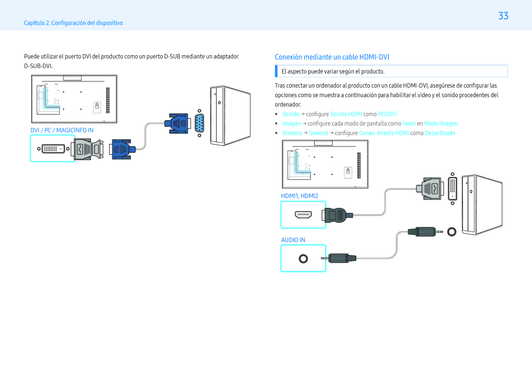 Samsung LH43PMFXTBC/EN, LH55PMFXTBC/EN Conexión mediante un cable HDMI-DVI,  Sonido → configure Sonido Hdmi como Pcdvi 