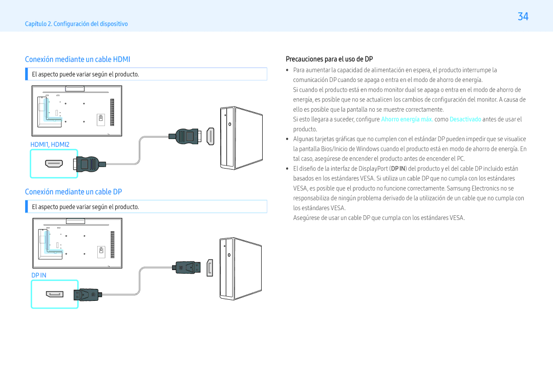 Samsung LH55PMFXTBC/EN Conexión mediante un cable Hdmi, Conexión mediante un cable DP, Precauciones para el uso de DP 