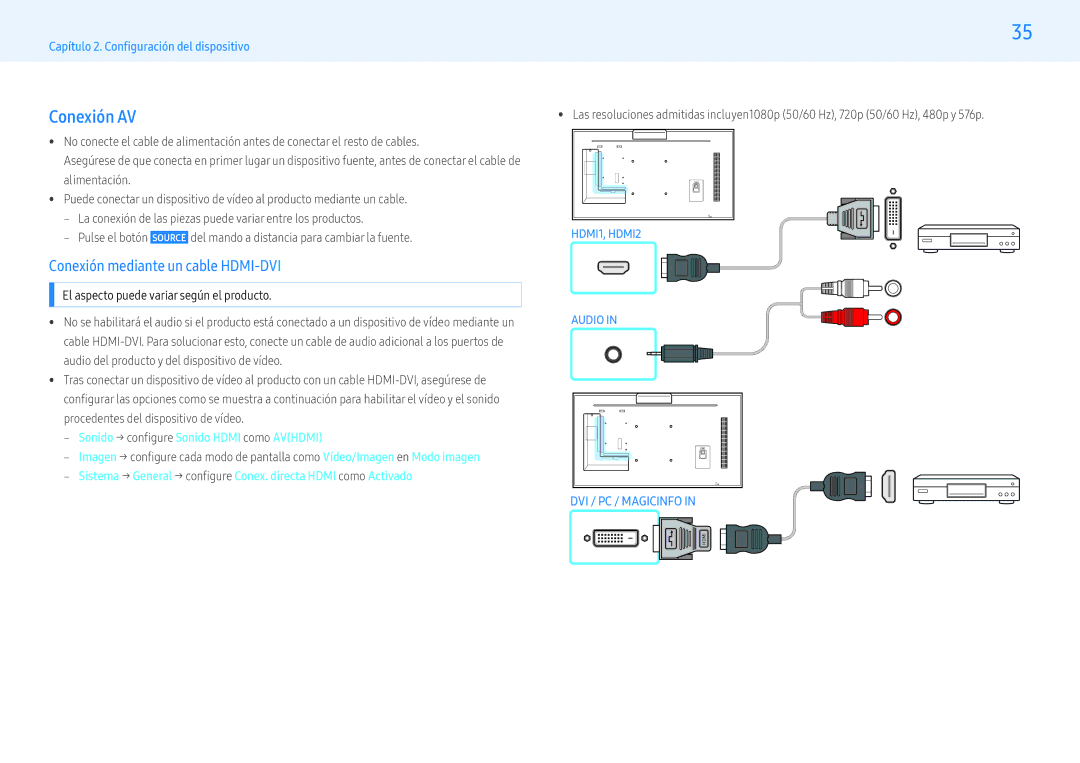 Samsung LH32PMFXTBC/EN, LH43PMFXTBC/EN, LH55PMFXTBC/EN manual Conexión AV, ‒‒ Sonido → configure Sonido Hdmi como Avhdmi 