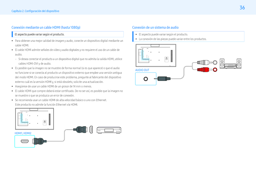 Samsung LH43PMFXTBC/EN, LH55PMFXTBC/EN manual Conexión mediante un cable Hdmi hasta 1080p, Conexión de un sistema de audio 