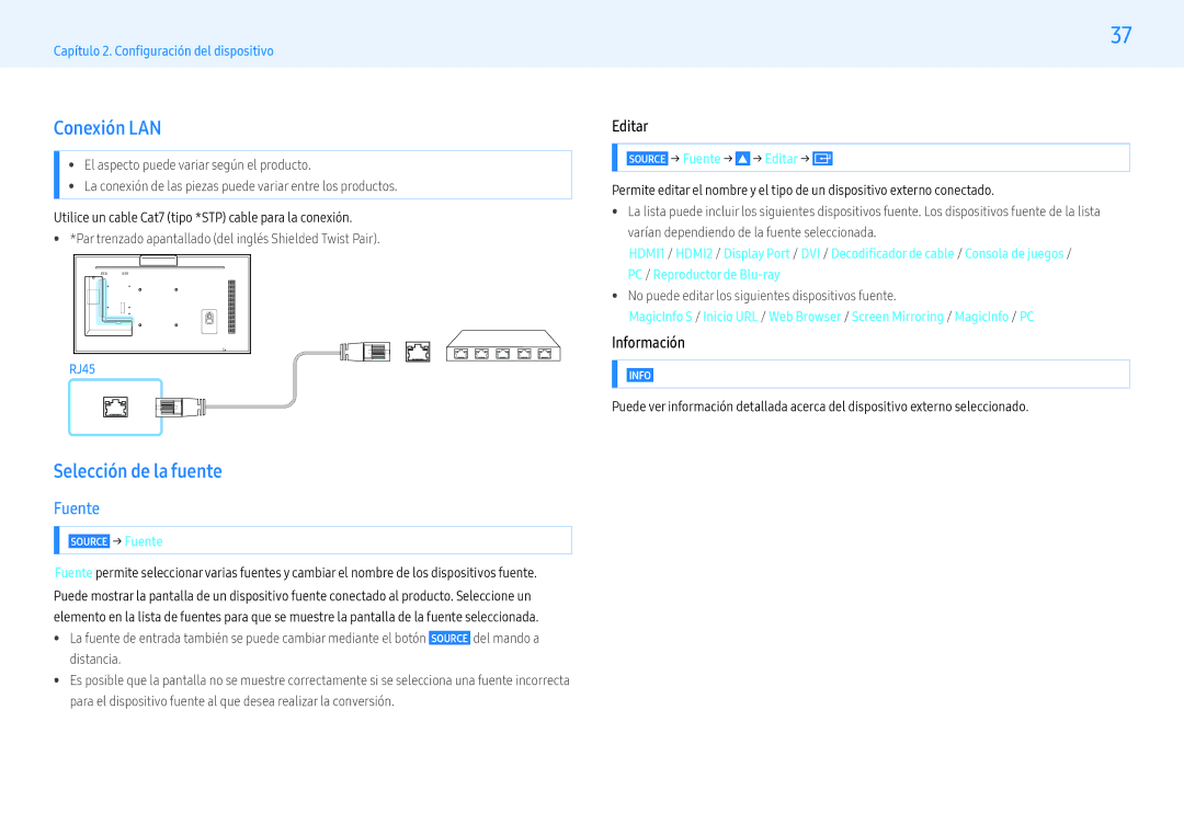 Samsung LH55PMFXTBC/EN, LH43PMFXTBC/EN, LH32PMFXTBC/EN Conexión LAN, Selección de la fuente, Fuente, Editar, Información 