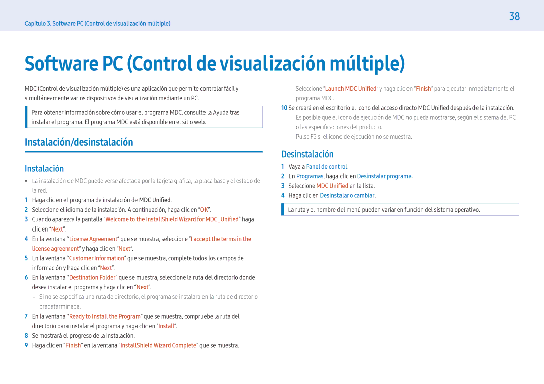 Samsung LH32PMFXTBC/EN manual Software PC Control de visualización múltiple, Instalación/desinstalación, Desinstalación 