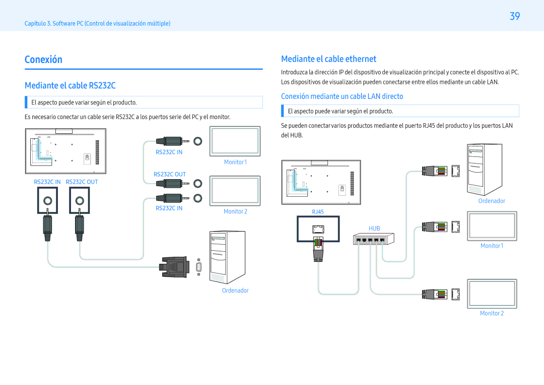 Samsung LH43PMFXTBC/EN, LH55PMFXTBC/EN, LH32PMFXTBC/EN manual Conexión, Mediante el cable RS232C, Mediante el cable ethernet 