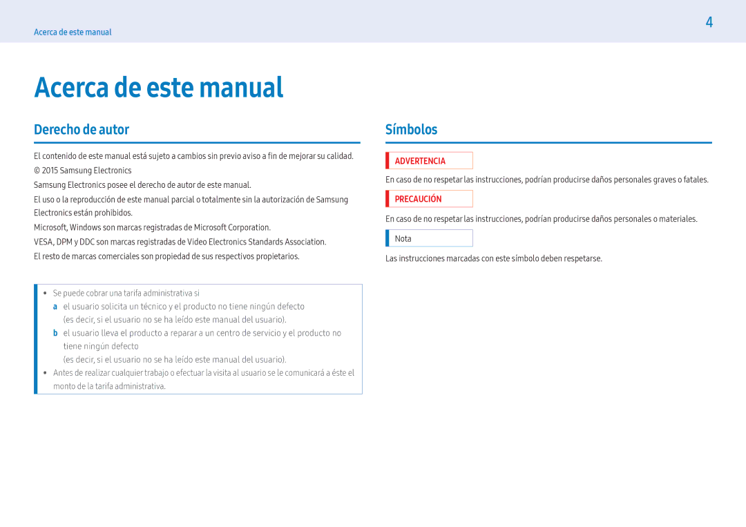 Samsung LH55PMFXTBC/EN Acerca de este manual, Derecho de autor, Símbolos, Se puede cobrar una tarifa administrativa si 