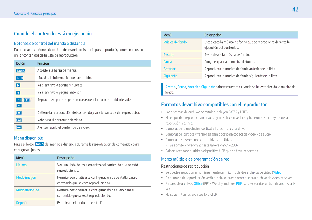 Samsung LH43PMFXTBC/EN manual Cuando el contenido está en ejecución, Formatos de archivo compatibles con el reproductor 