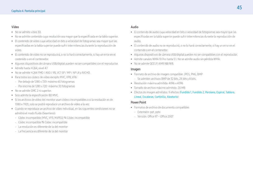 Samsung LH43PMFXTBC/EN, LH55PMFXTBC/EN, LH32PMFXTBC/EN manual Vídeo, Audio, Imagen, Power Point,  No se admite vídeo 3D 