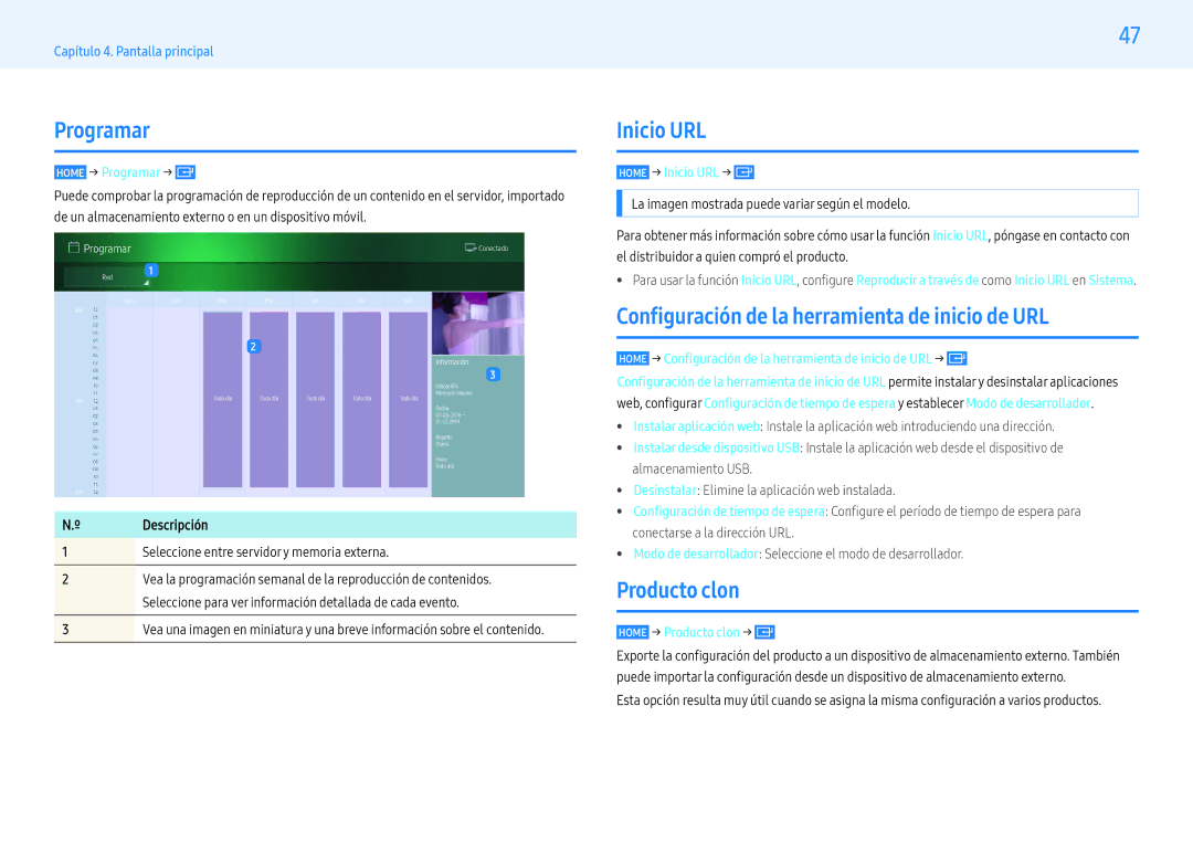 Samsung LH32PMFXTBC/EN manual Programar, Inicio URL, Configuración de la herramienta de inicio de UR, Producto clon 