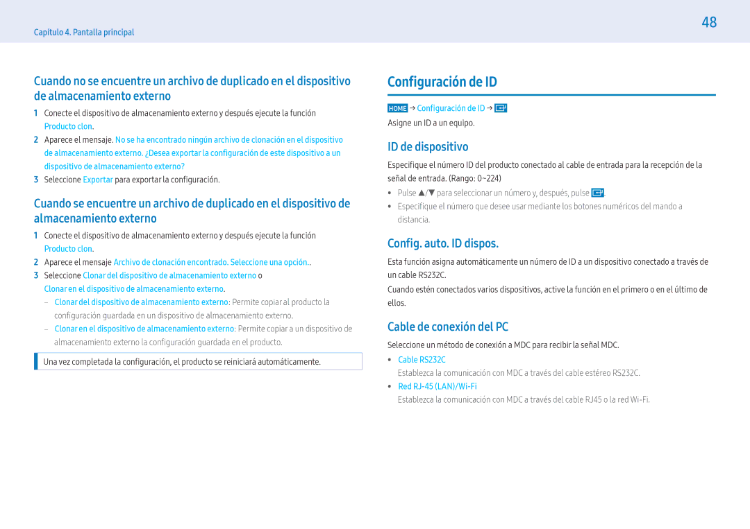 Samsung LH43PMFXTBC/EN manual Configuración de, ID de dispositivo, Config. auto. ID dispos, Cable de conexión del PC 