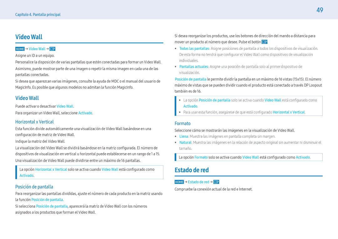 Samsung LH55PMFXTBC/EN, LH43PMFXTBC/EN, LH32PMFXTBC/EN manual Video Wall, Estado de red 