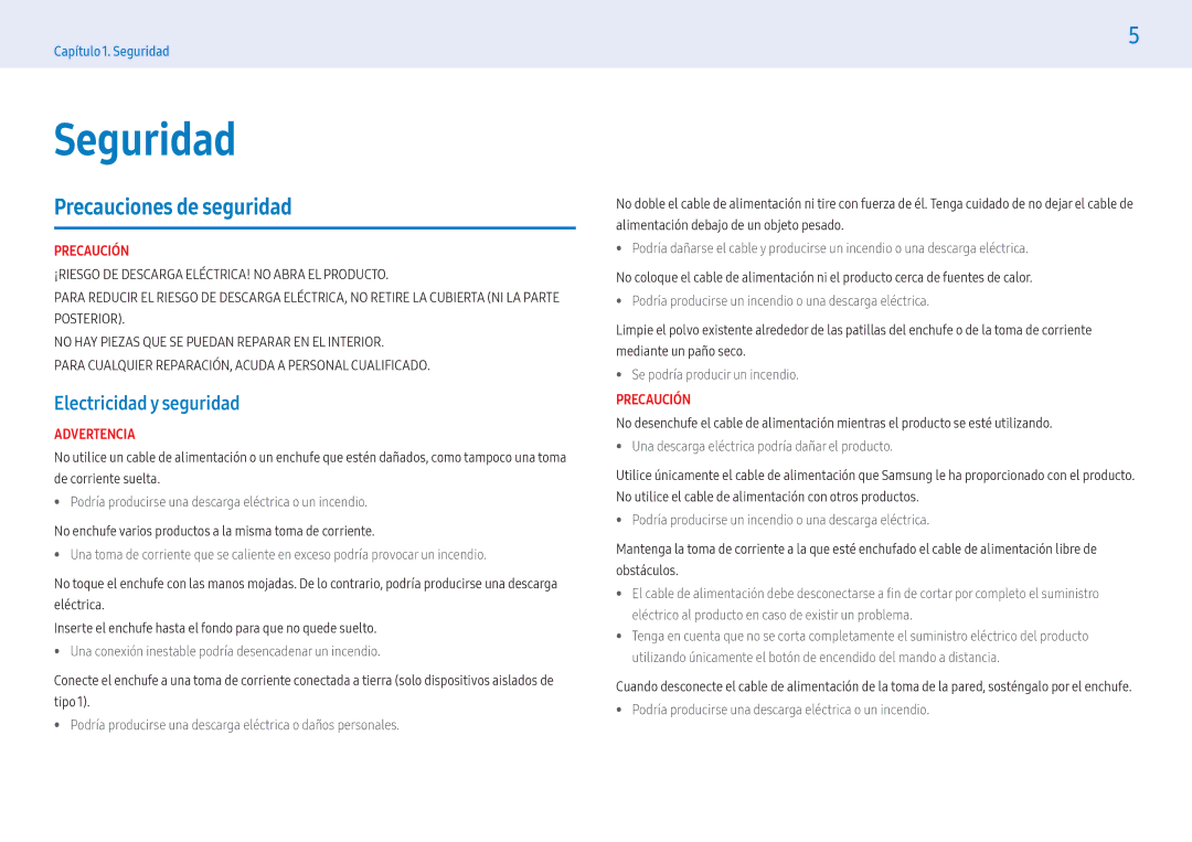 Samsung LH32PMFXTBC/EN, LH43PMFXTBC/EN, LH55PMFXTBC/EN manual Seguridad, Precauciones de seguridad, Electricidad y seguridad 