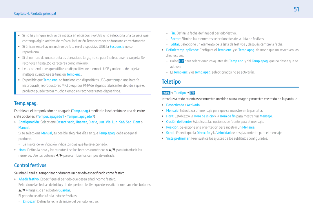 Samsung LH43PMFXTBC/EN, LH55PMFXTBC/EN manual Temp.apag, Control festivos, Home → Teletipo →,  Desactivado / Activado 