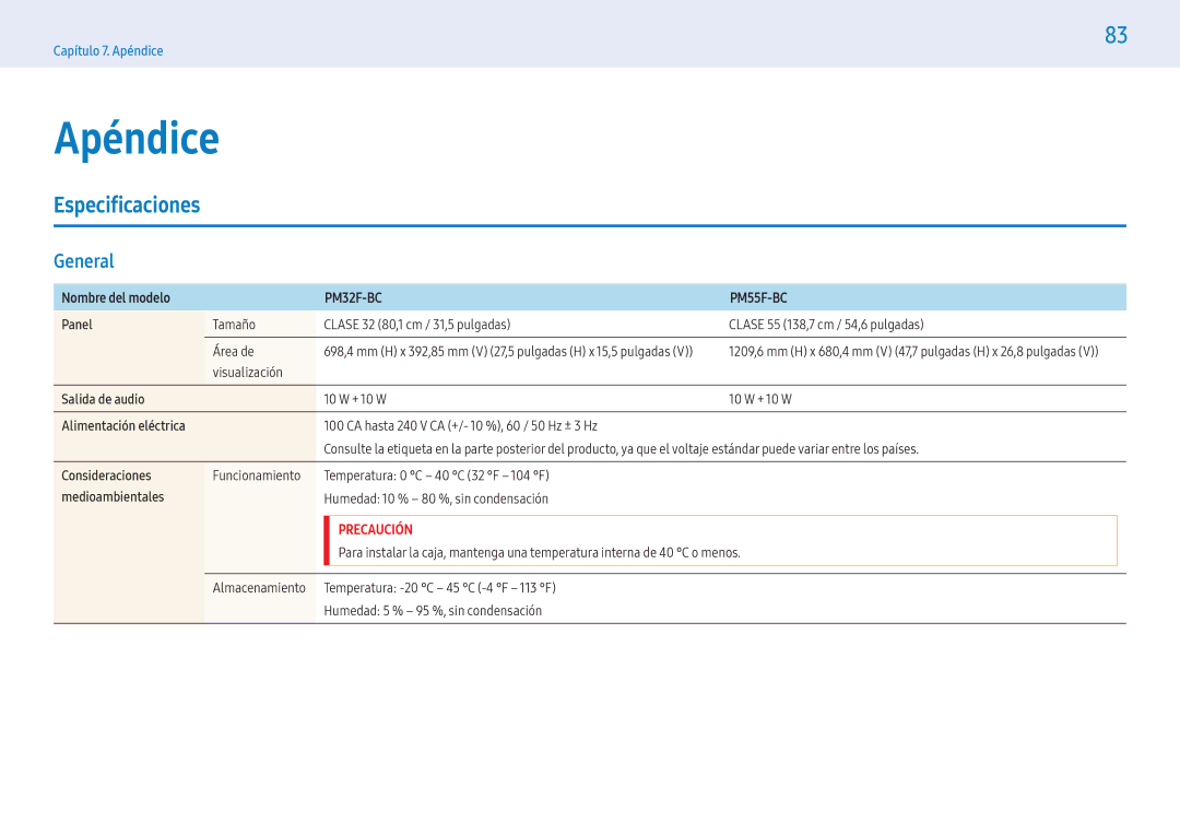 Samsung LH32PMFXTBC/EN, LH43PMFXTBC/EN, LH55PMFXTBC/EN manual Apéndice, Especificaciones, General 