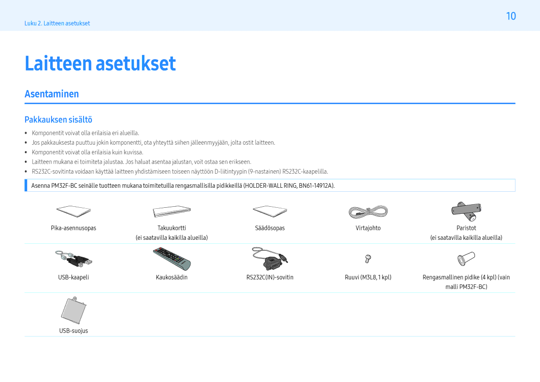 Samsung LH55PMFXTBC/EN, LH43PMFXTBC/EN, LH32PMFXTBC/EN manual Asentaminen, Pakkauksen sisältö 