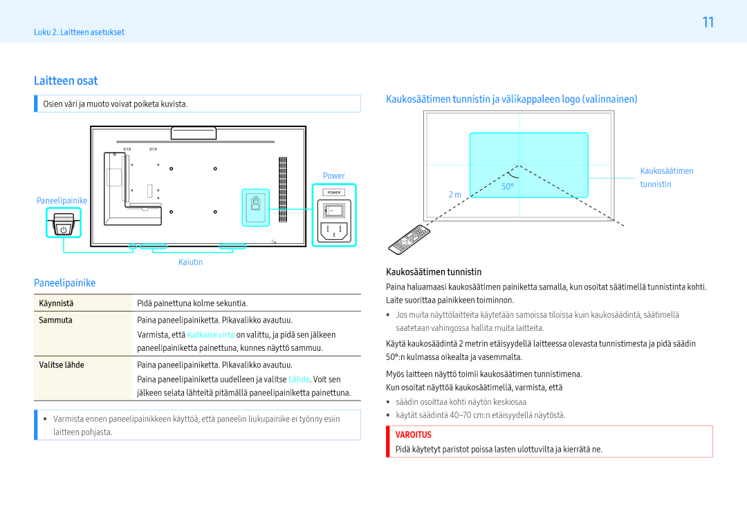 Samsung LH32PMFXTBC/EN manual Laitteen osat, Paneelipainike, Kaukosäätimen tunnistin ja välikappaleen logo valinnainen 