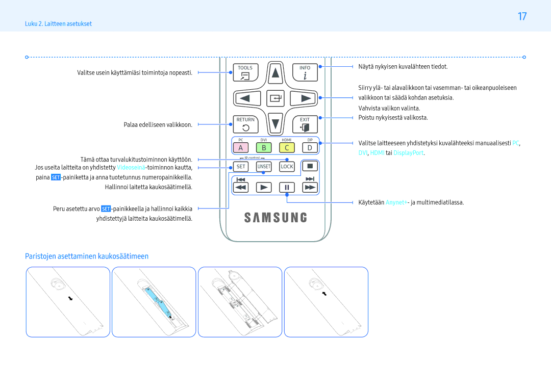 Samsung LH32PMFXTBC/EN, LH43PMFXTBC/EN, LH55PMFXTBC/EN manual Paristojen asettaminen kaukosäätimeen 