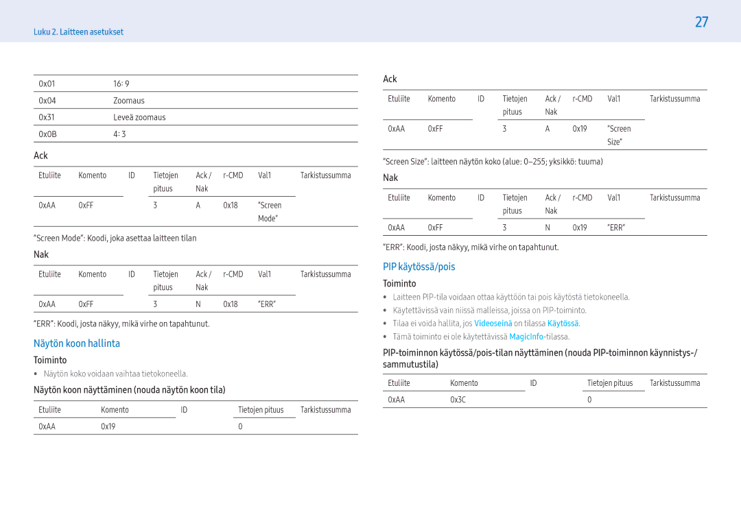 Samsung LH43PMFXTBC/EN manual Näytön koon hallinta, PIP käytössä/pois, Näytön koon näyttäminen nouda näytön koon tila 