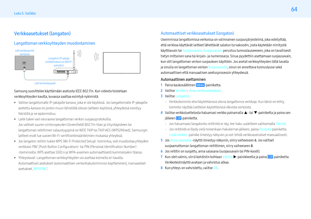 Samsung LH55PMFXTBC/EN manual Verkkoasetukset langaton, Langattoman verkkoyhteyden muodostaminen, Valitse Langaton 