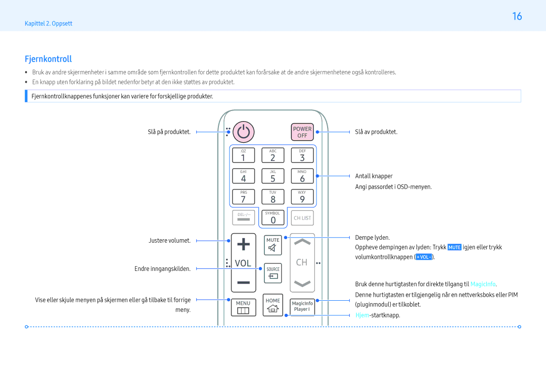 Samsung LH55PMFXTBC/EN, LH43PMFXTBC/EN, LH32PMFXTBC/EN Fjernkontroll, Slå på produktet Justere volumet Endre inngangskilden 