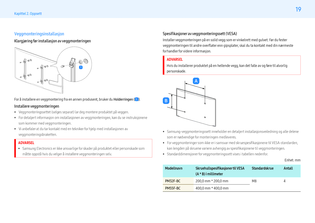 Samsung LH55PMFXTBC/EN, LH43PMFXTBC/EN manual Veggmonteringsinstallasjon, Klargjøring før installasjon av veggmonteringen 