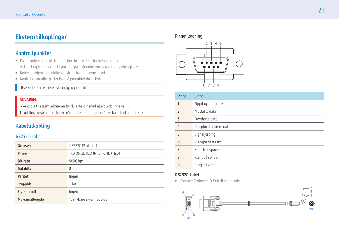 Samsung LH43PMFXTBC/EN, LH55PMFXTBC/EN Ekstern tilkoplinger, Kontrollpunkter, Pinnetilordning, RS232C-kabel, Pinne Signal 