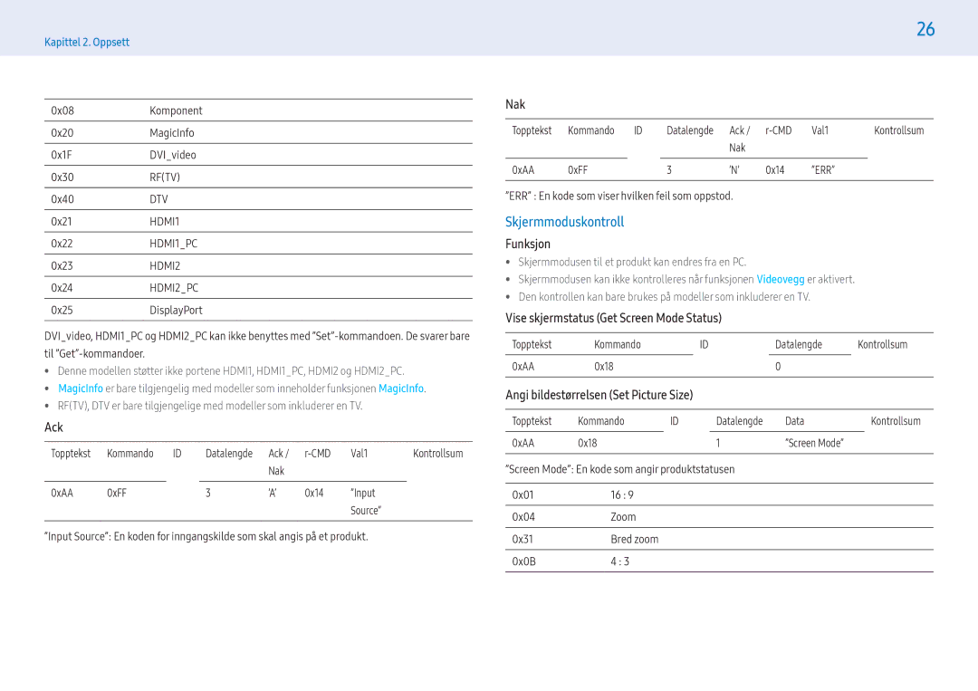 Samsung LH32PMFXTBC/EN, LH43PMFXTBC/EN, LH55PMFXTBC/EN manual Skjermmoduskontroll, Vise skjermstatus Get Screen Mode Status 