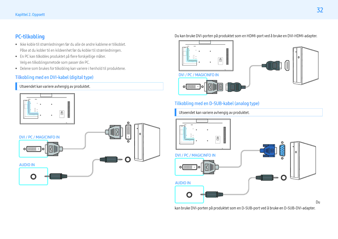 Samsung LH32PMFXTBC/EN PC-tilkobling, Tilkobling med en DVI-kabel digital type, Tilkobling med en D-SUB-kabel analog type 