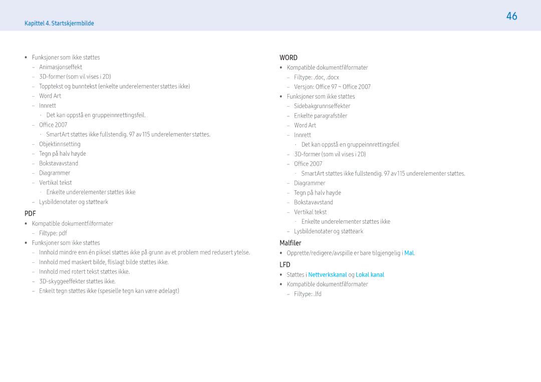 Samsung LH55PMFXTBC/EN, LH43PMFXTBC/EN, LH32PMFXTBC/EN manual Malfiler, Opprette/redigere/avspille er bare tilgjengelig i Mal 