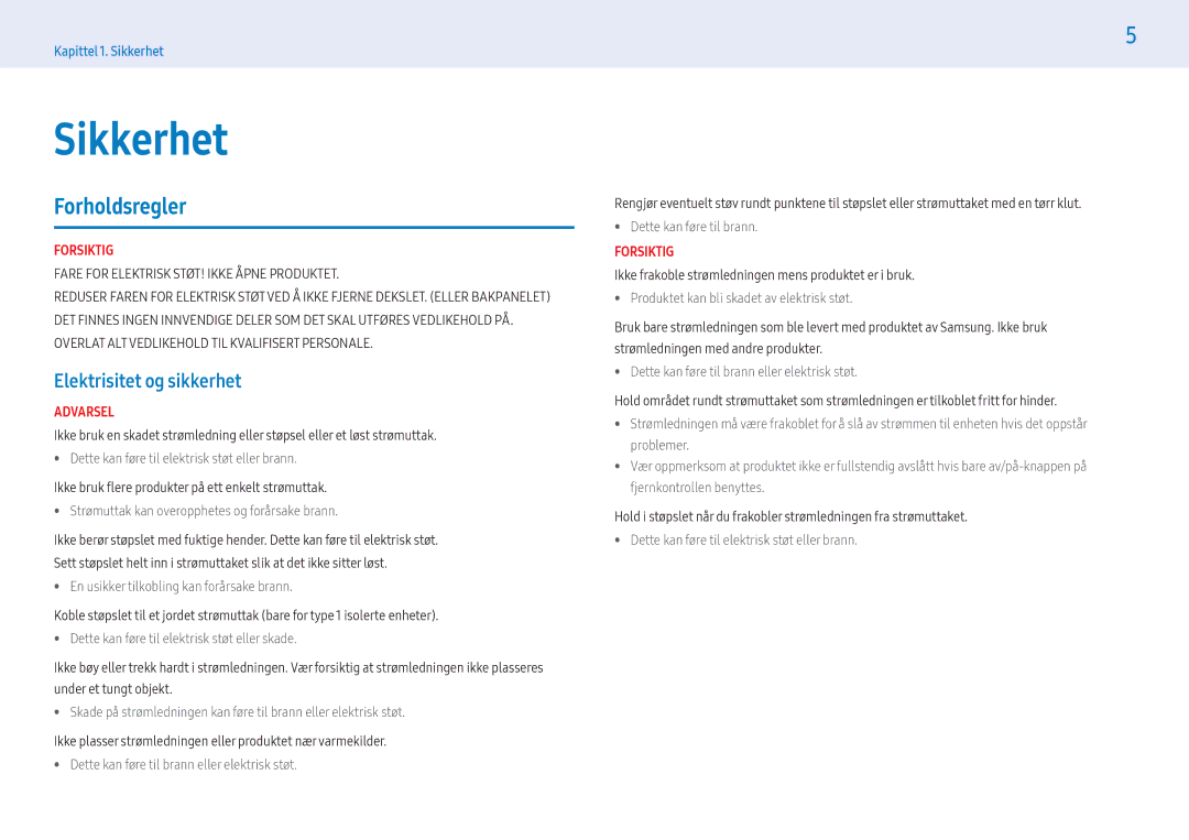 Samsung LH32PMFXTBC/EN, LH43PMFXTBC/EN, LH55PMFXTBC/EN manual Forholdsregler, Elektrisitet og sikkerhet 