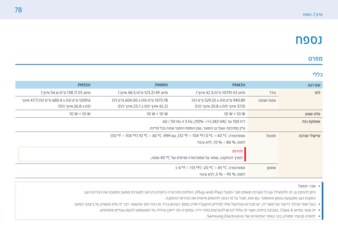 Samsung LH49PMHPBGC/EN, LH43PMHPBGC/EN, LH43PMFPBGC/EN, LH55PMHPBGC/CH, LH43PMHPBGC/CH, LH49PMHPBGC/CH manual חפסנ, טרפמ, יללכ 