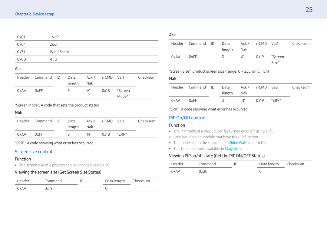 Samsung LH43PMHPBGC/CH manual Screen size control, PIP On/Off control, Viewing the screen size Get Screen Size Status 