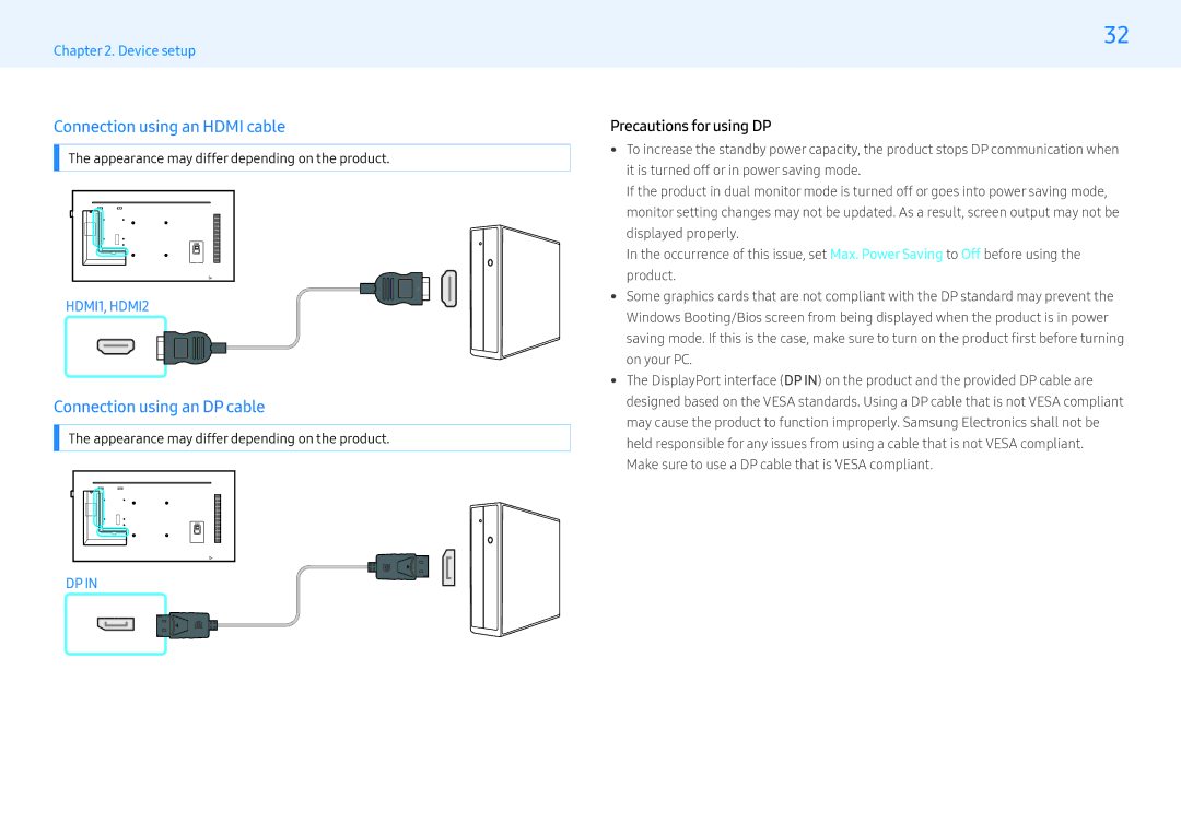 Samsung LH49PMHPBGC/UE manual Connection using an Hdmi cable, Connection using an DP cable, Precautions for using DP 