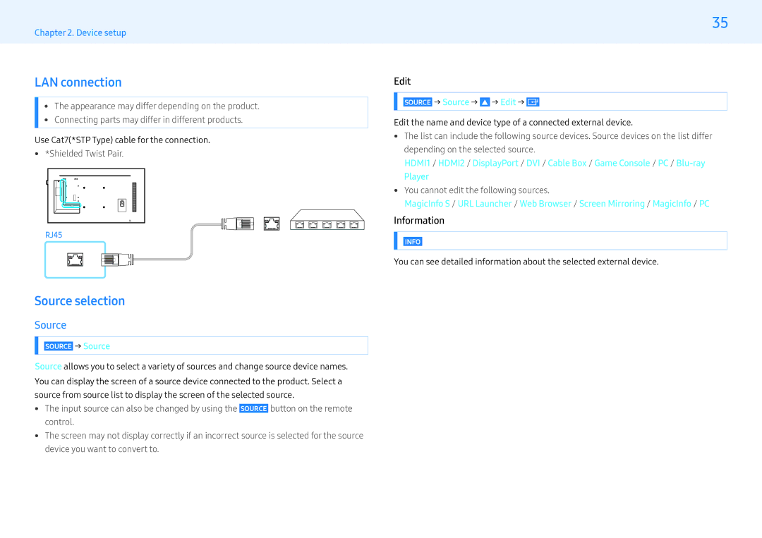 Samsung LH43PMFPBGC/XV, LH43PMHPBGC/EN, LH49PMHPBGC/EN, LH43PMFPBGC/EN LAN connection, Source selection, Edit, Information 