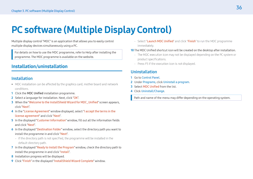 Samsung LH43PMHPBGC/XV, LH43PMHPBGC/EN PC software Multiple Display Control, Installation/uninstallation, Uninstallation 