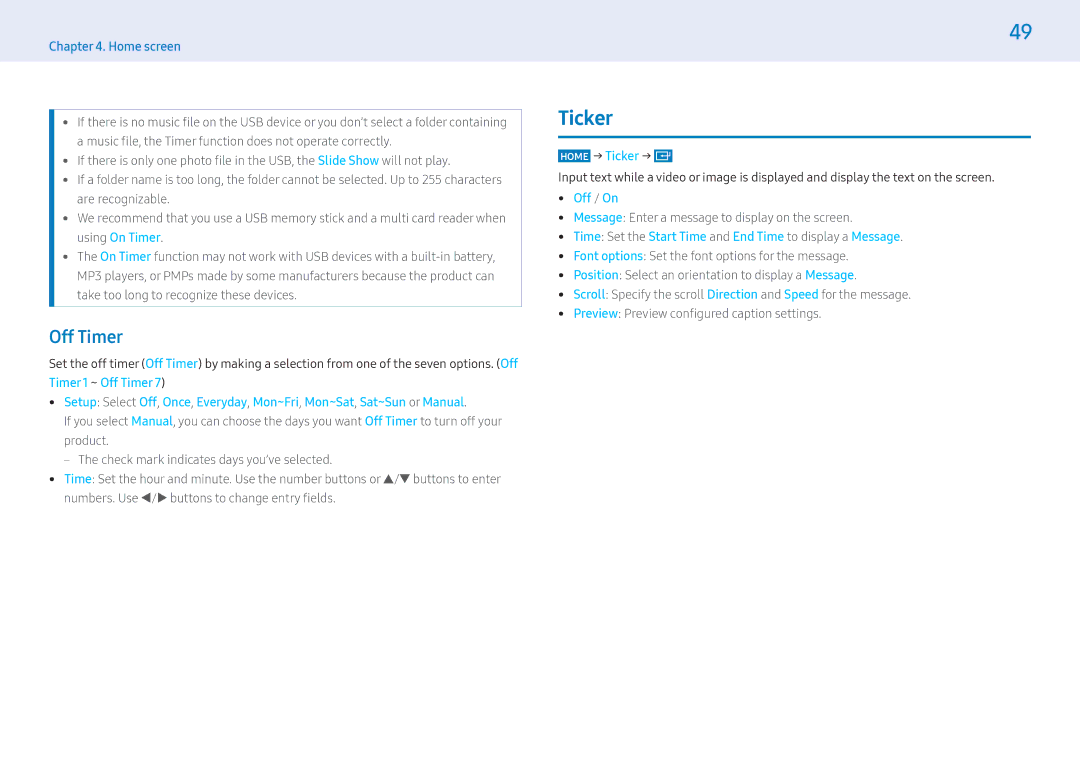 Samsung LH43PMFPBGC/XV, LH43PMHPBGC/EN, LH49PMHPBGC/EN, LH43PMFPBGC/EN manual Off Timer, Home → Ticker →,  Off / On 