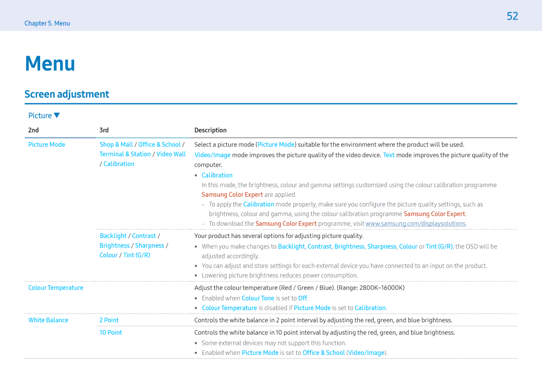 Samsung LH55PMHPBGC/CH, LH43PMHPBGC/EN, LH49PMHPBGC/EN, LH43PMFPBGC/EN Menu, Screen adjustment, 2nd 3rd Picture Mode 