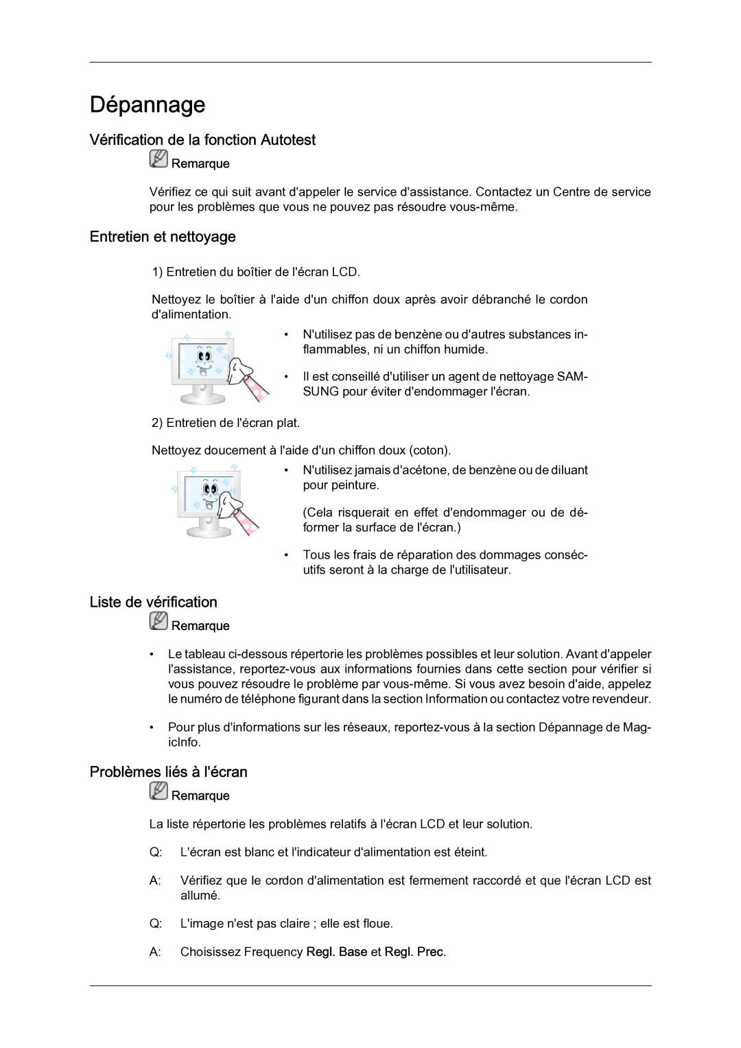 Samsung LH46BLTQWC/EN manual Vérification de la fonction Autotest, Entretien et nettoyage, Liste de vérification 