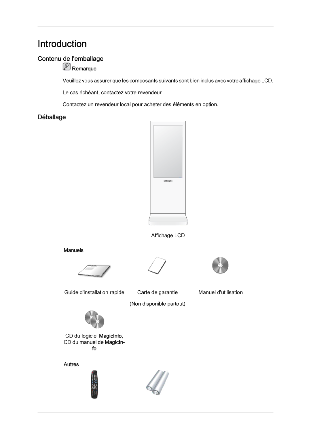 Samsung LH46BLTQWC/EN manual Contenu de lemballage, Déballage, Remarque, Manuels, Autres 