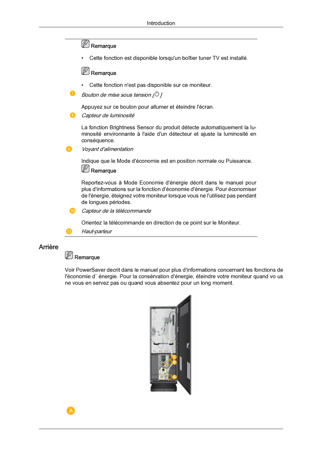 Samsung LH46BLTQWC/EN manual Arrière, Capteur de luminosité 