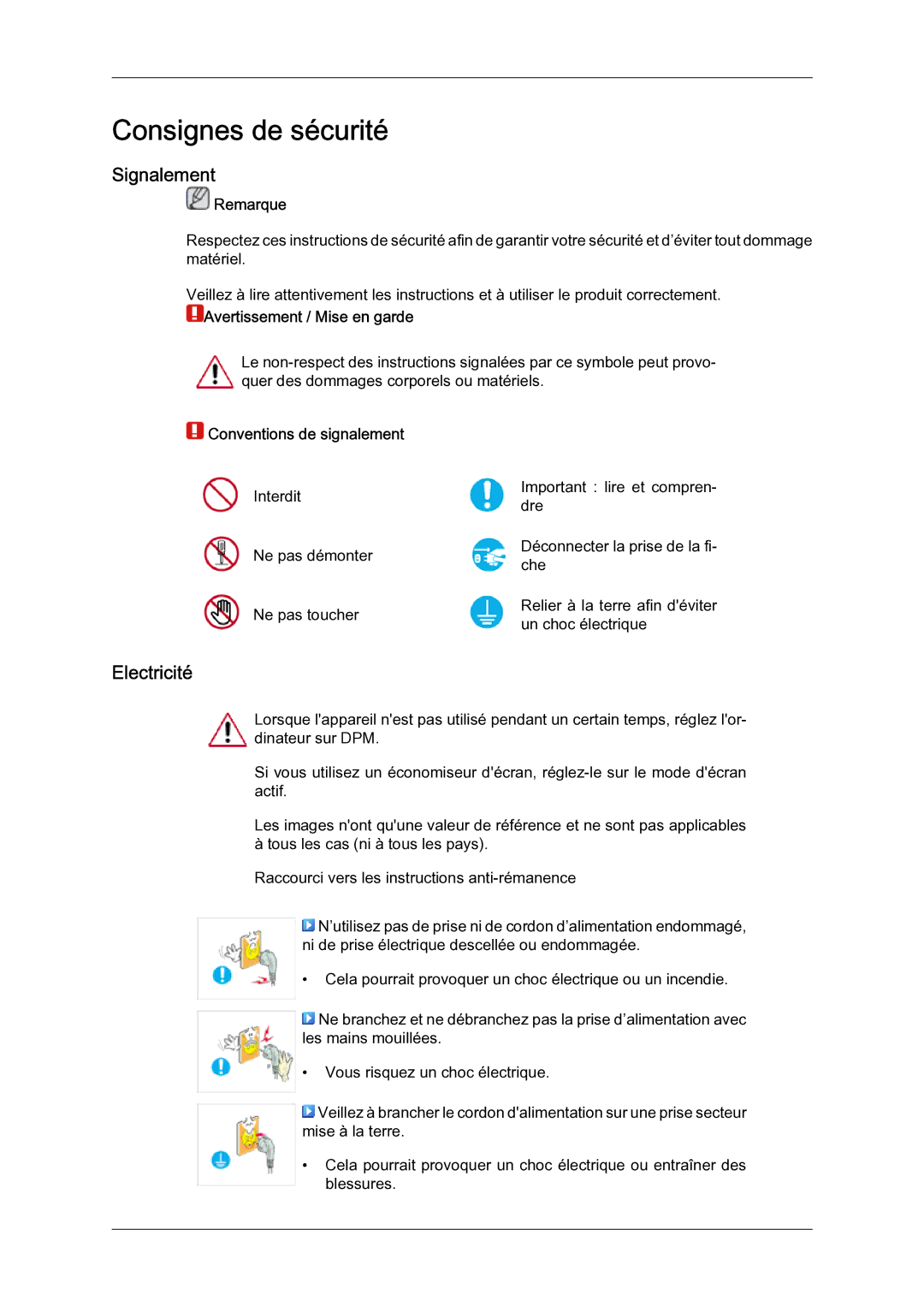 Samsung LH46BLTQWC/EN manual Consignes de sécurité, Signalement, Electricité 