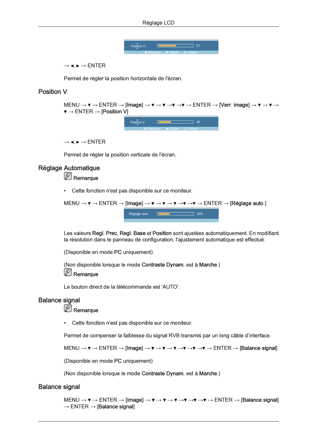 Samsung LH46BLTQWC/EN manual Position, Réglage Automatique, → Enter → Balance signal 