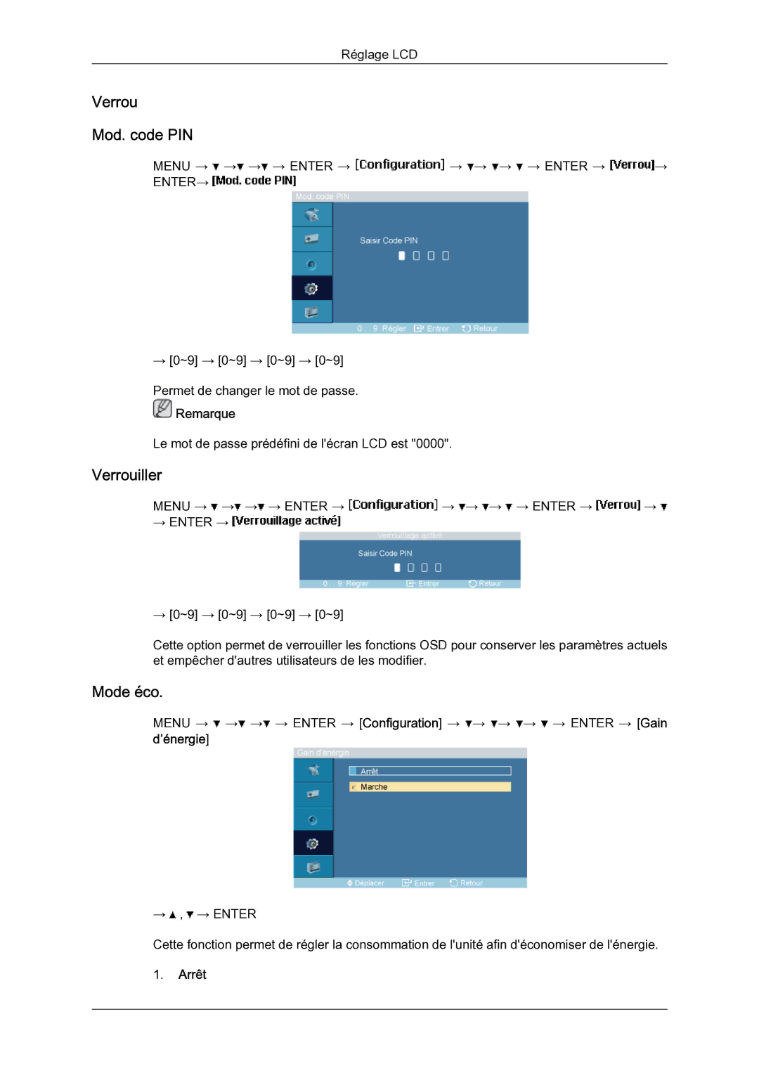 Samsung LH46BLTQWC/EN manual Verrou Mod. code PIN, Verrouiller, Mode éco, ’énergie, Arrêt 