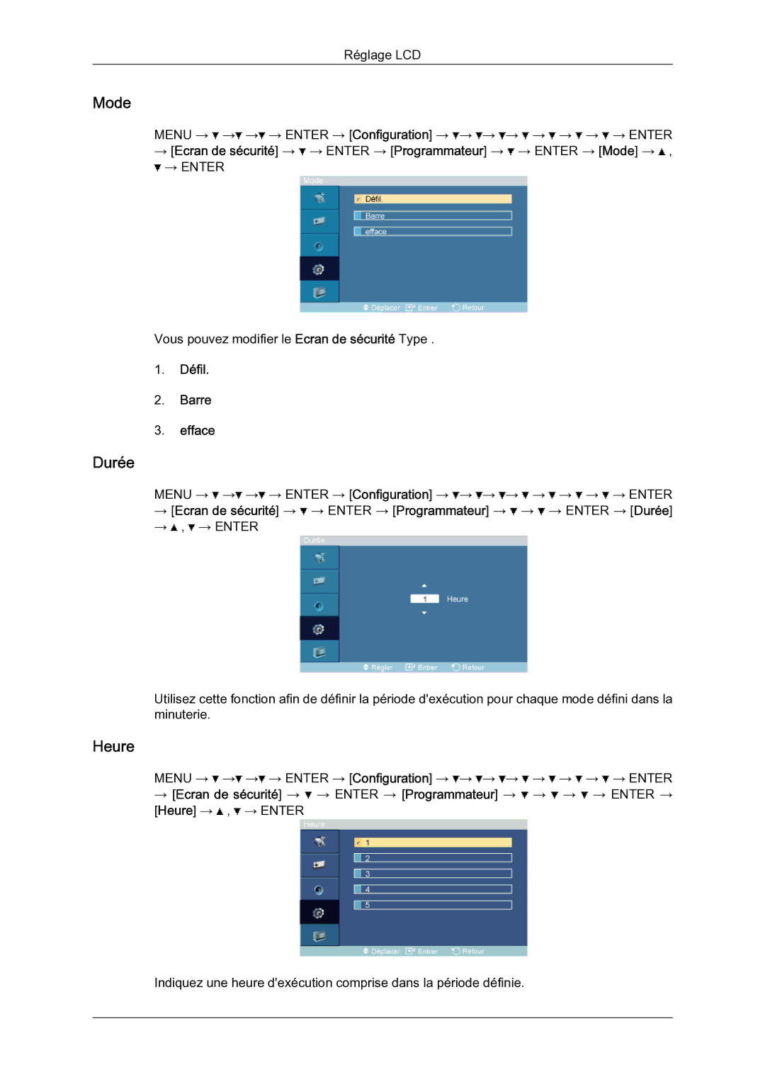 Samsung LH46BLTQWC/EN manual Durée, Défil Barre Efface 