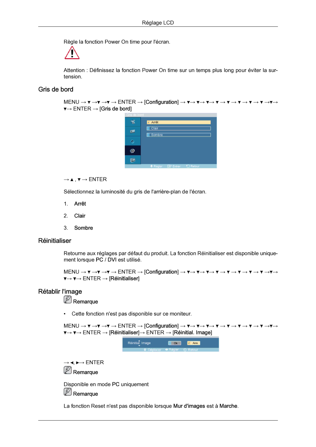 Samsung LH46BLTQWC/EN manual Gris de bord, Réinitialiser, Rétablir limage, Arrêt Clair Sombre 
