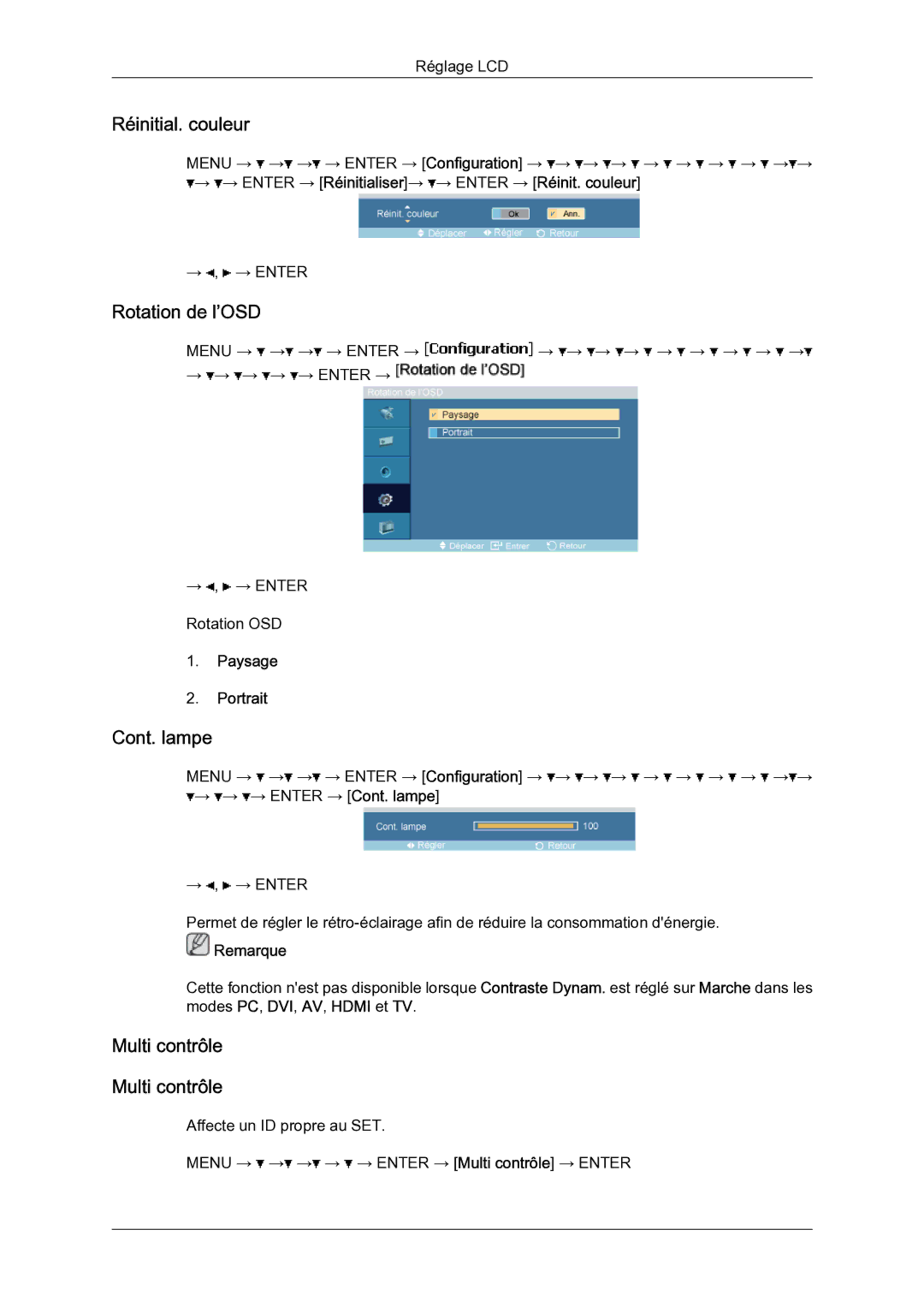 Samsung LH46BLTQWC/EN manual Réinitial. couleur, Rotation de l’OSD, Cont. lampe, Multi contrôle, Paysage Portrait 