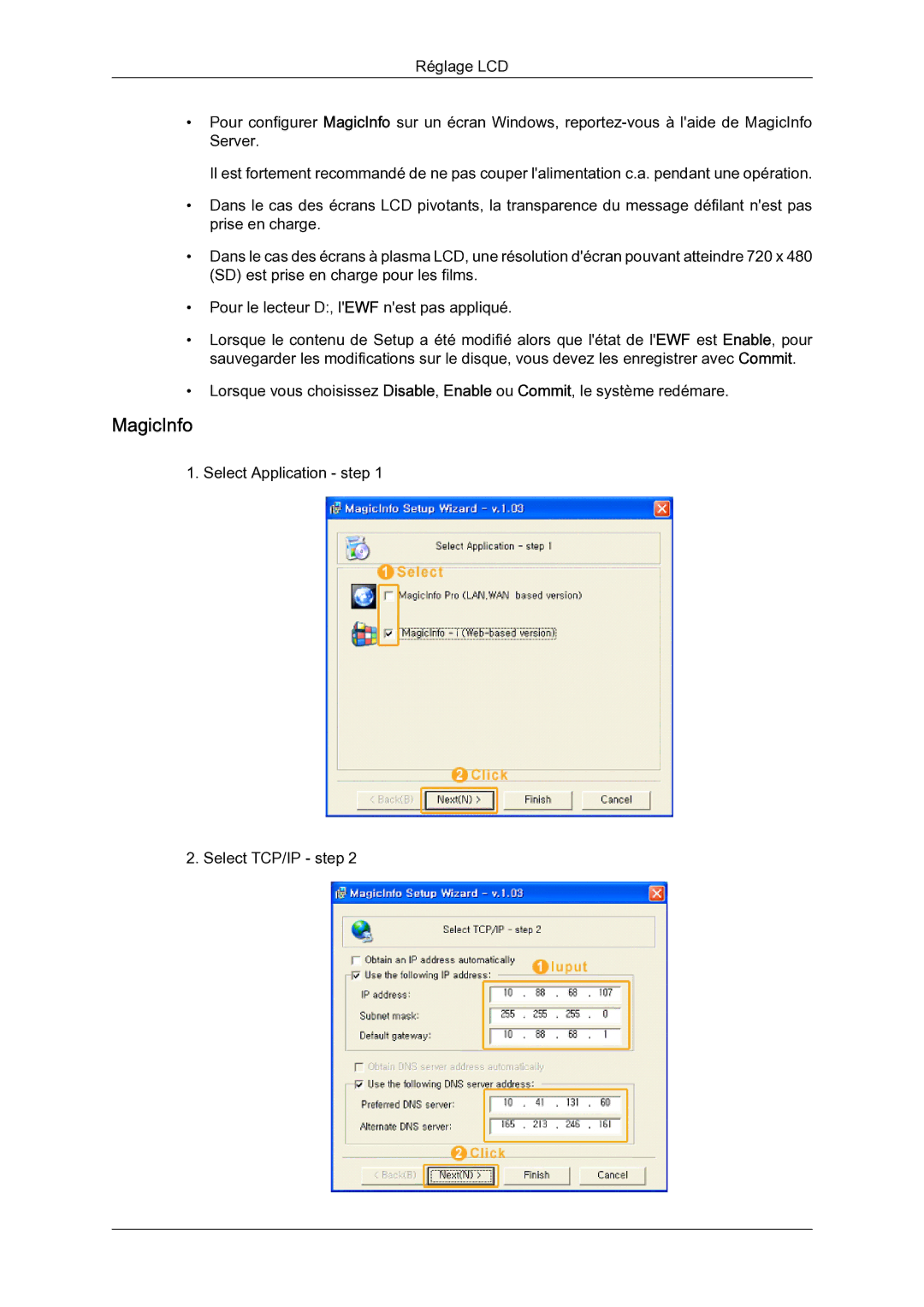 Samsung LH46BLTQWC/EN manual Select Application step Select TCP/IP step 